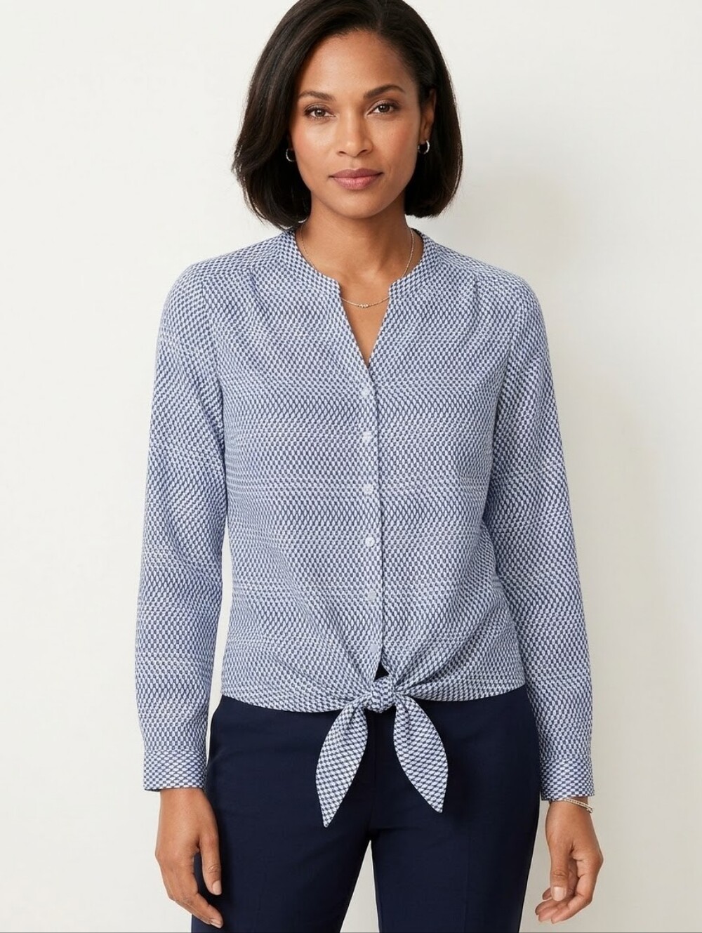 Talbots Blue Geometric Tie Front Blouse Petite Small